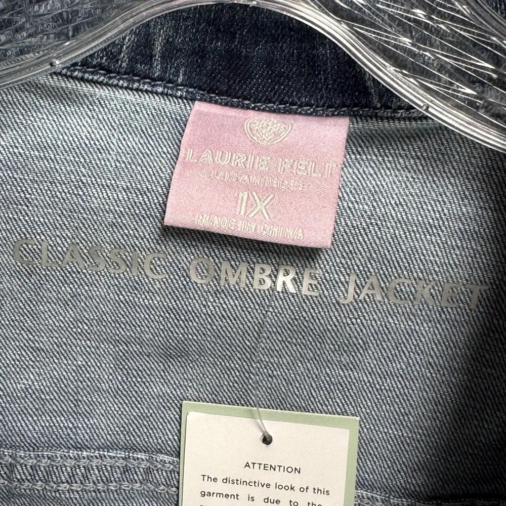Laurie Felt Jacket‎ Womens 1X Blue Ombre Denim Button Front Raw Hem Stretch Plus